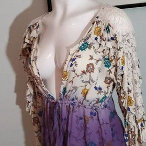 GIMMICKS Womens Cream/Purple Ombre Lace/Ruffle Sleeve Waist Tie Top